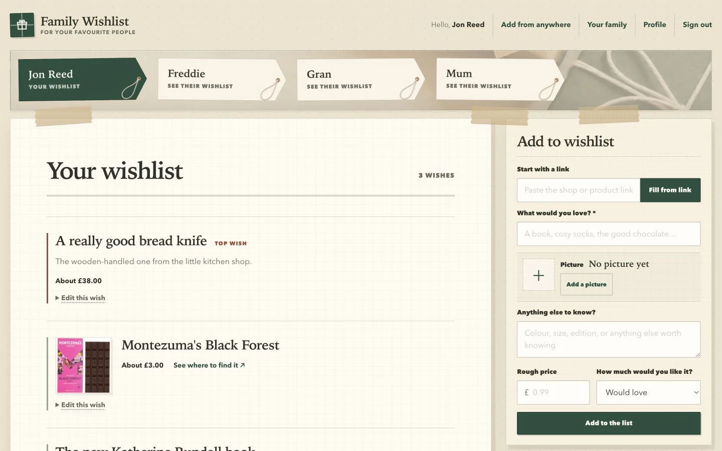 Family Wishlist showing family member tabs, Jon's wishes, and an editable form for adding a wish
